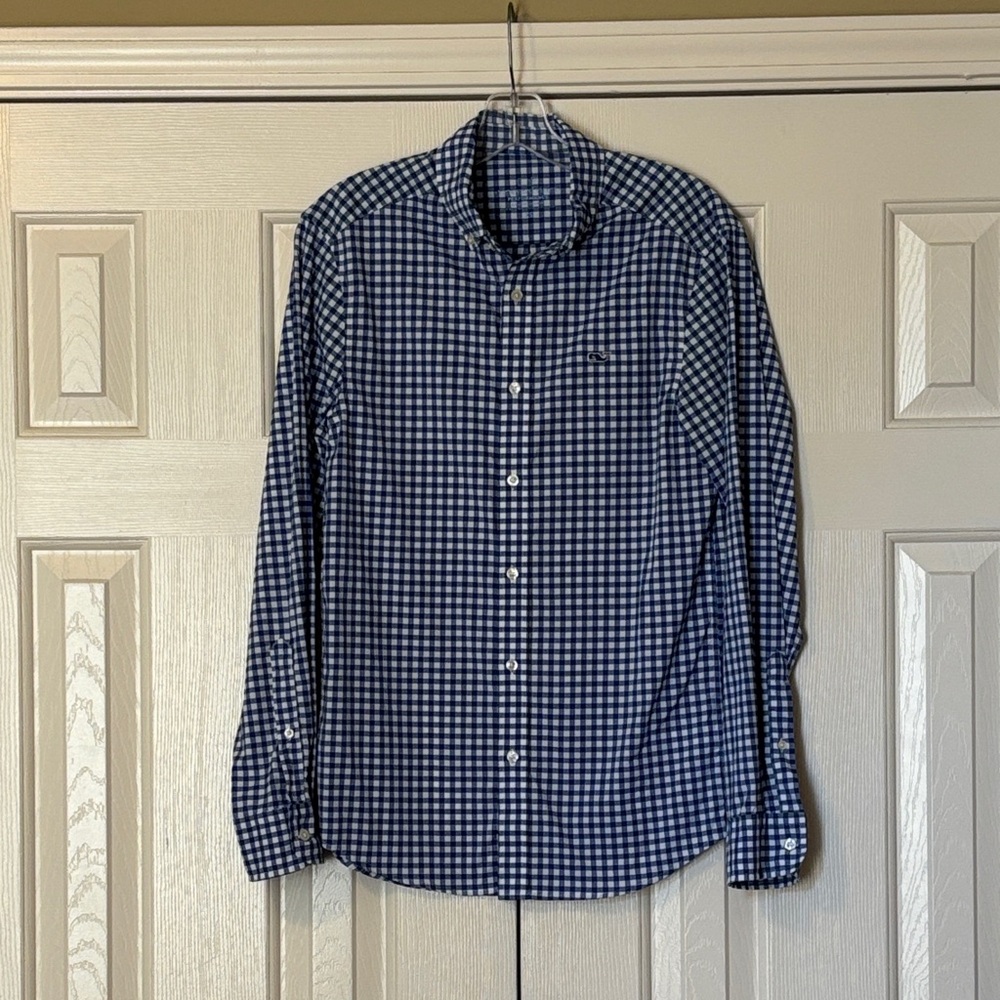 Vineyard Vines Men’s Long Sleeve Blue Gingham Performance Button Down Shirt